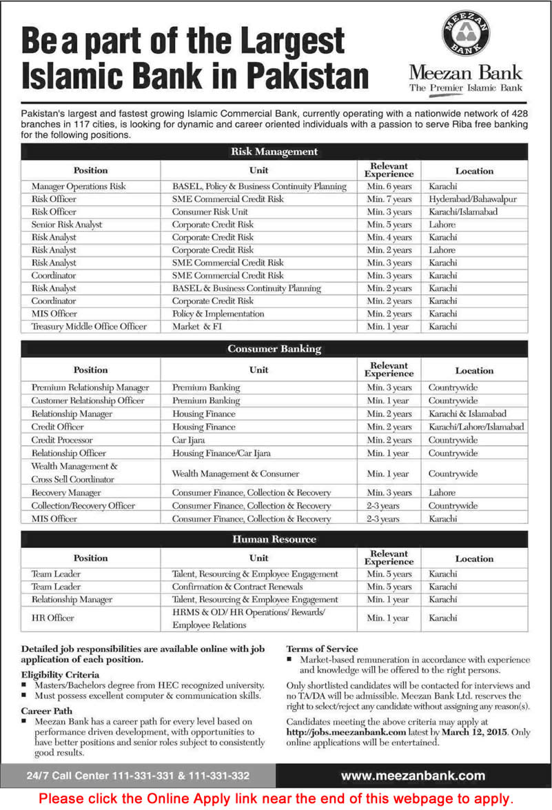 Meezan Bank Jobs 2015 February Online Apply Risk Management, Consumer Banking & Human Resources