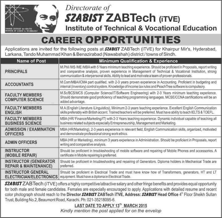 SZABIST ZABTech Institute of Technical & Vocational Education Jobs 2015 March Sindh Latest
