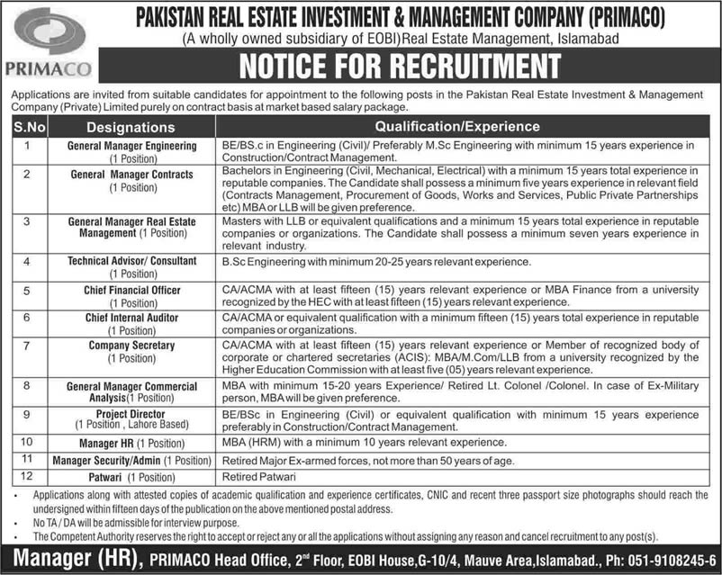 PRIMACO Jobs 2015 March Pakistan Real Estate Investment & Management Company Latest