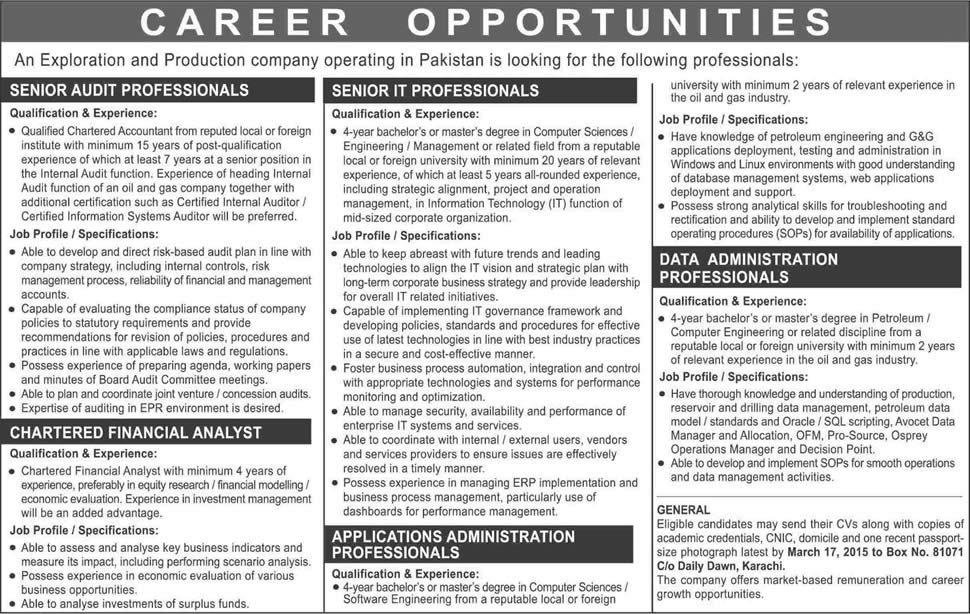 Finance, Audit & IT Professional Jobs in Karachi 2015 March in an Exploration & Production Company