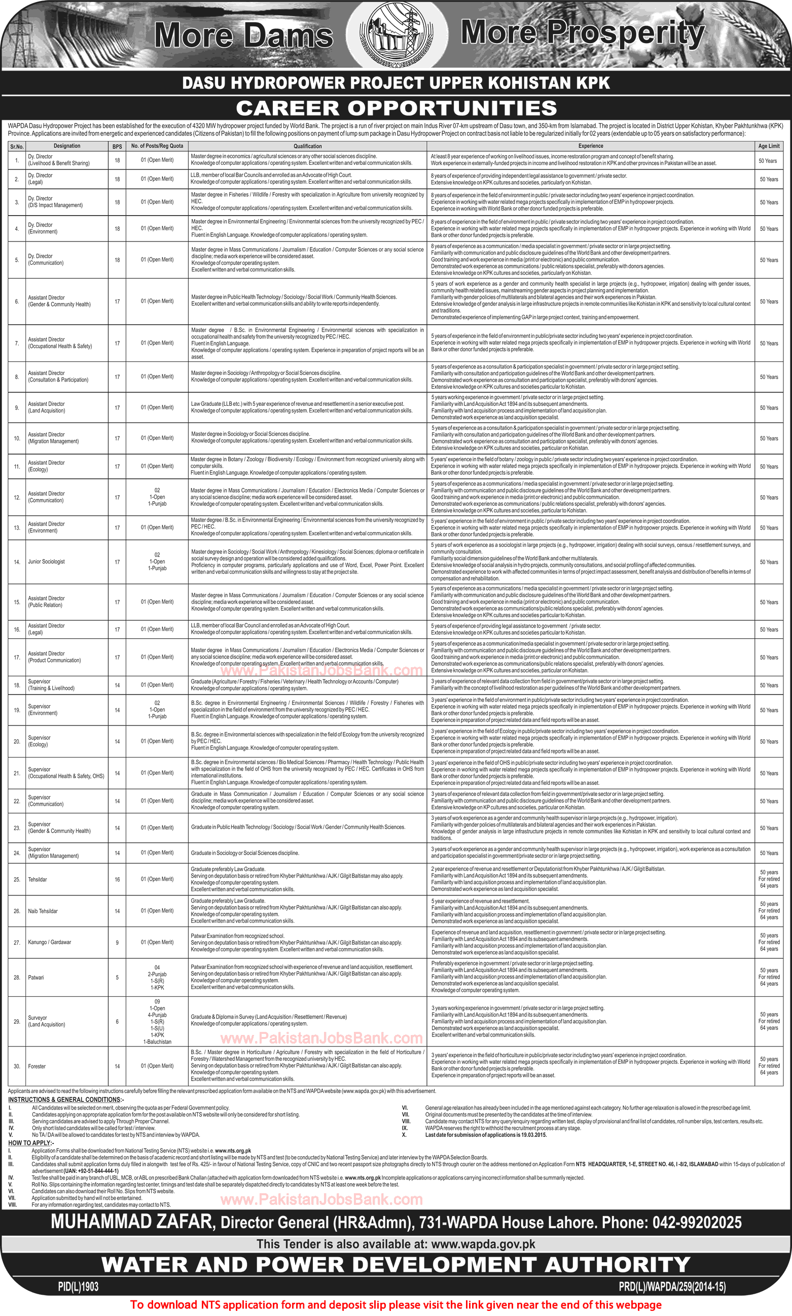 WAPDA Jobs 2015 March NTS Application Form Download Dasu Hydropower Project Latest