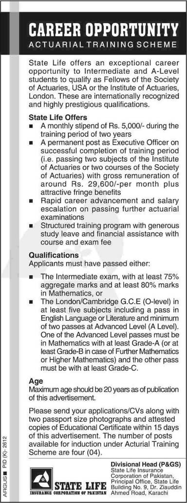 State Life Actuarial Training Scheme 2015 March Latest Advertisement
