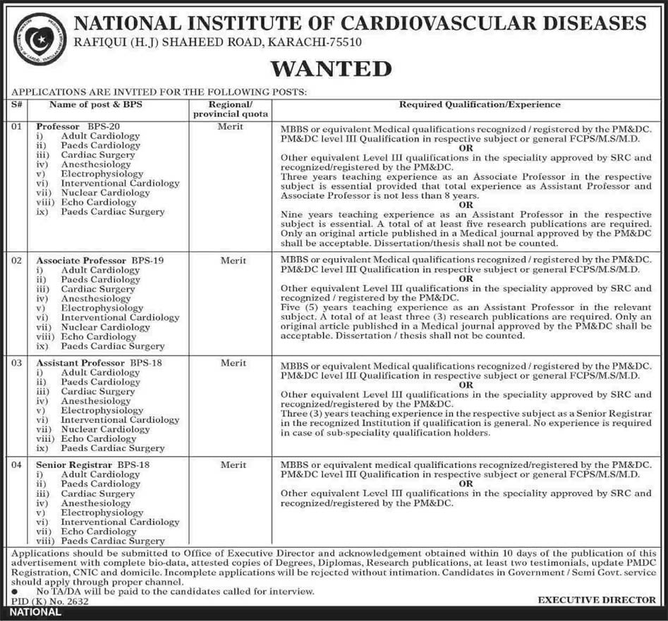 National Institute of Cardiovascular Diseases Karachi Jobs 2015 March Medical Faculty Latest