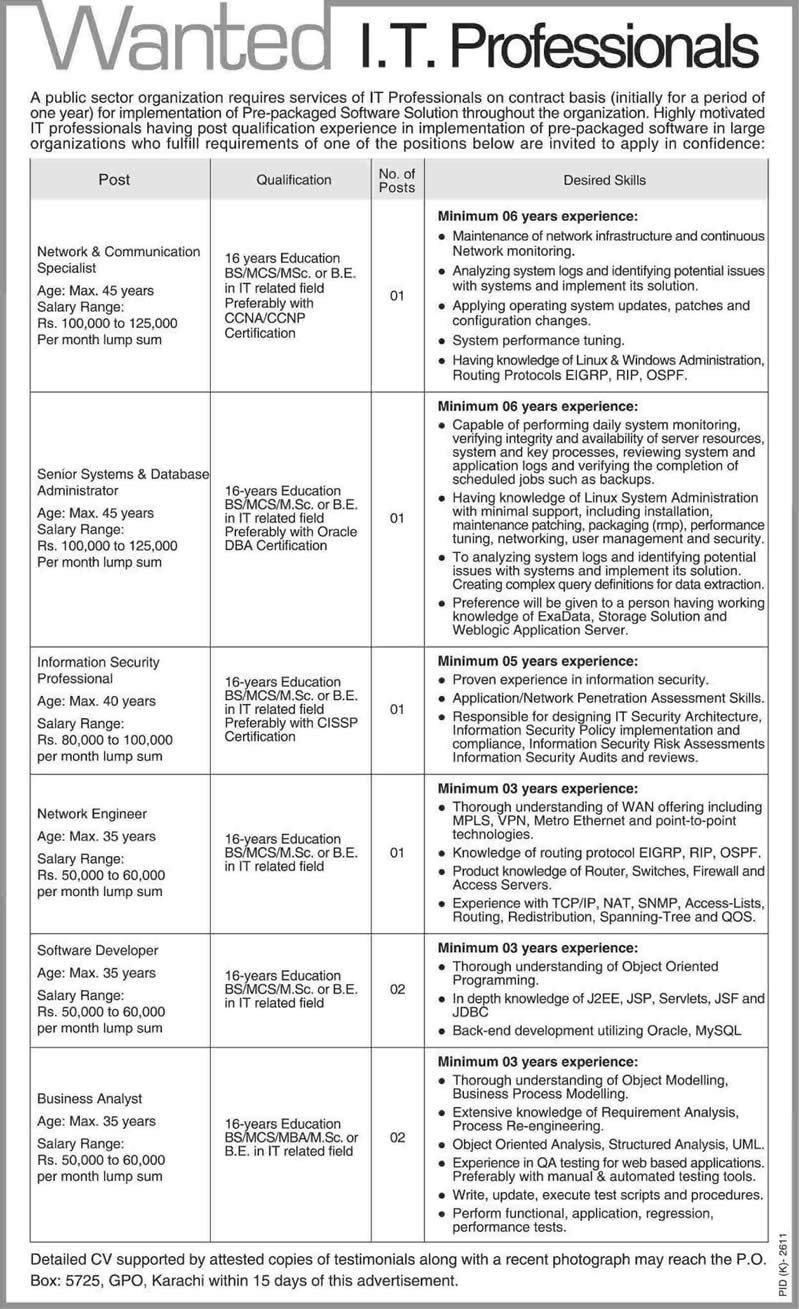 PO Box 5725 Karachi Jobs 2015 March System / Network / Software Engineers, Business Analyst & Others