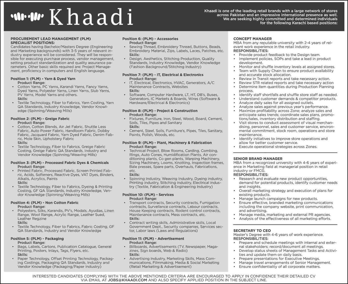 Khaadi Jobs 2015 March Karachi Procurement Lead Management, Concept / Brand Manager & Secretary