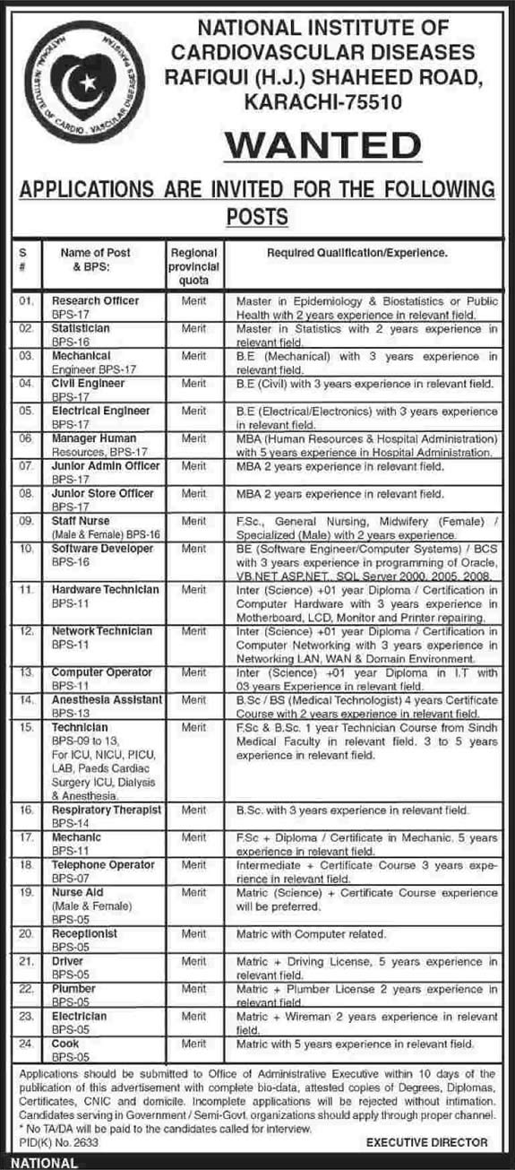National Institute of Cardiovascular Diseases Karachi Jobs 2015 March NICVD Admin, Medical & Support Staff