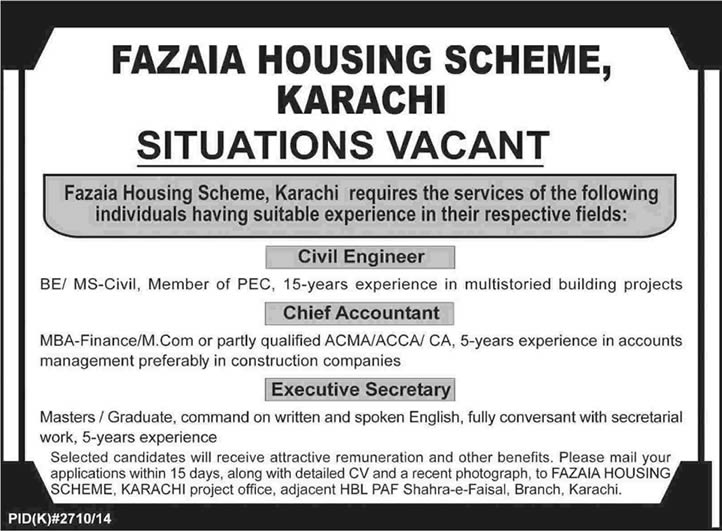 Fazaia Housing Scheme Karachi Jobs 2015 March Civil Engineer, Accountant & Executive Secretary