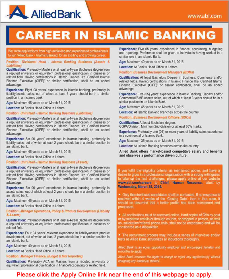 Allied Bank Jobs 2015 March Apply Online ABL Islamic Banking