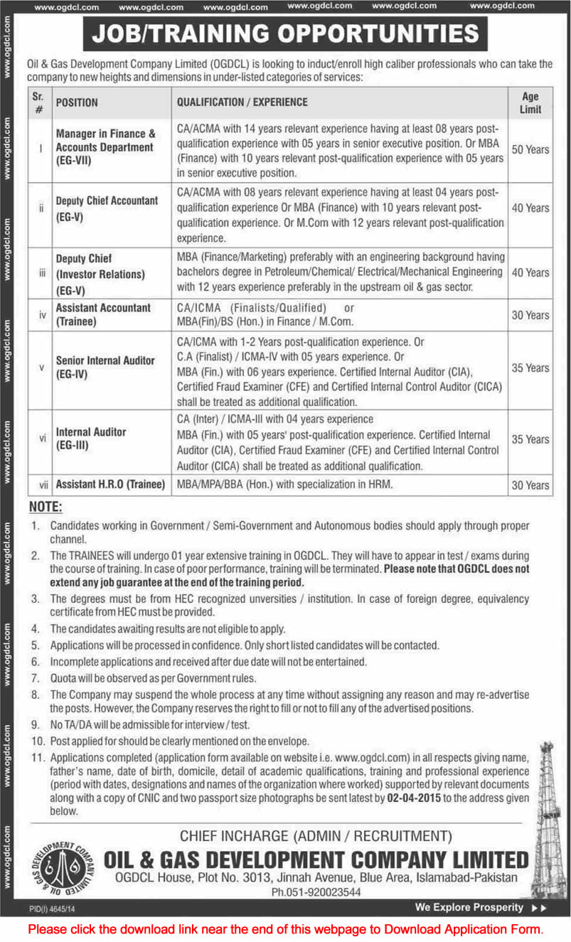OGDCL Jobs March 2015 Accounts / HR Trainees, Chartered Accountants & Internal Auditors Islamabad