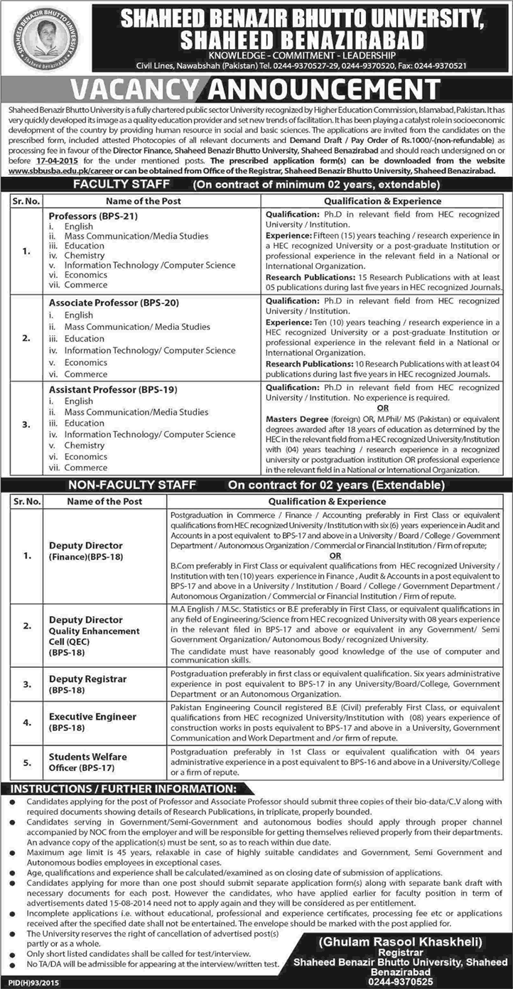 Shaheed Benazir Bhutto University Shaheed Benazirabad Jobs 2015 March Teaching Faculty & Admin Staff