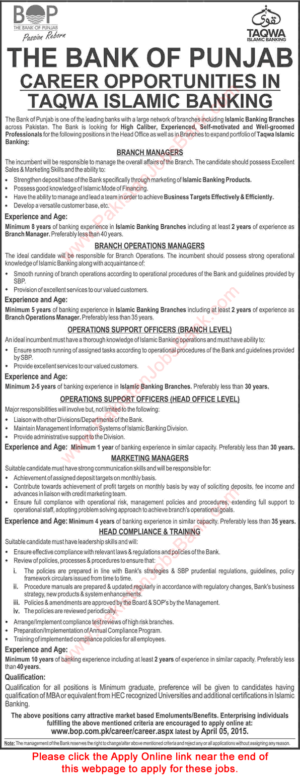 Bank of Punjab Jobs 2015 March Apply Online Taqwa Islamic Banking Branch Managers & Officers