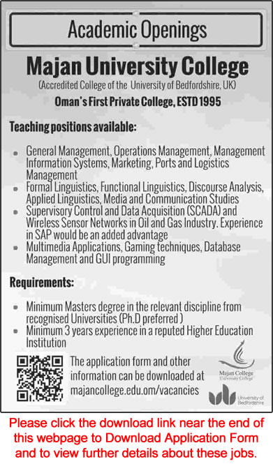 Majan University College Oman Jobs 2015 March Teaching Faculty Application Form Download
