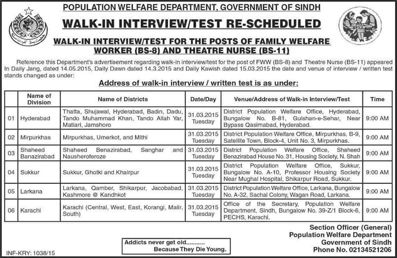 Population Welfare Department Sindh Jobs 2015 March Rescheduled Interview / Test Family Welfare Worker & Theater Nurse
