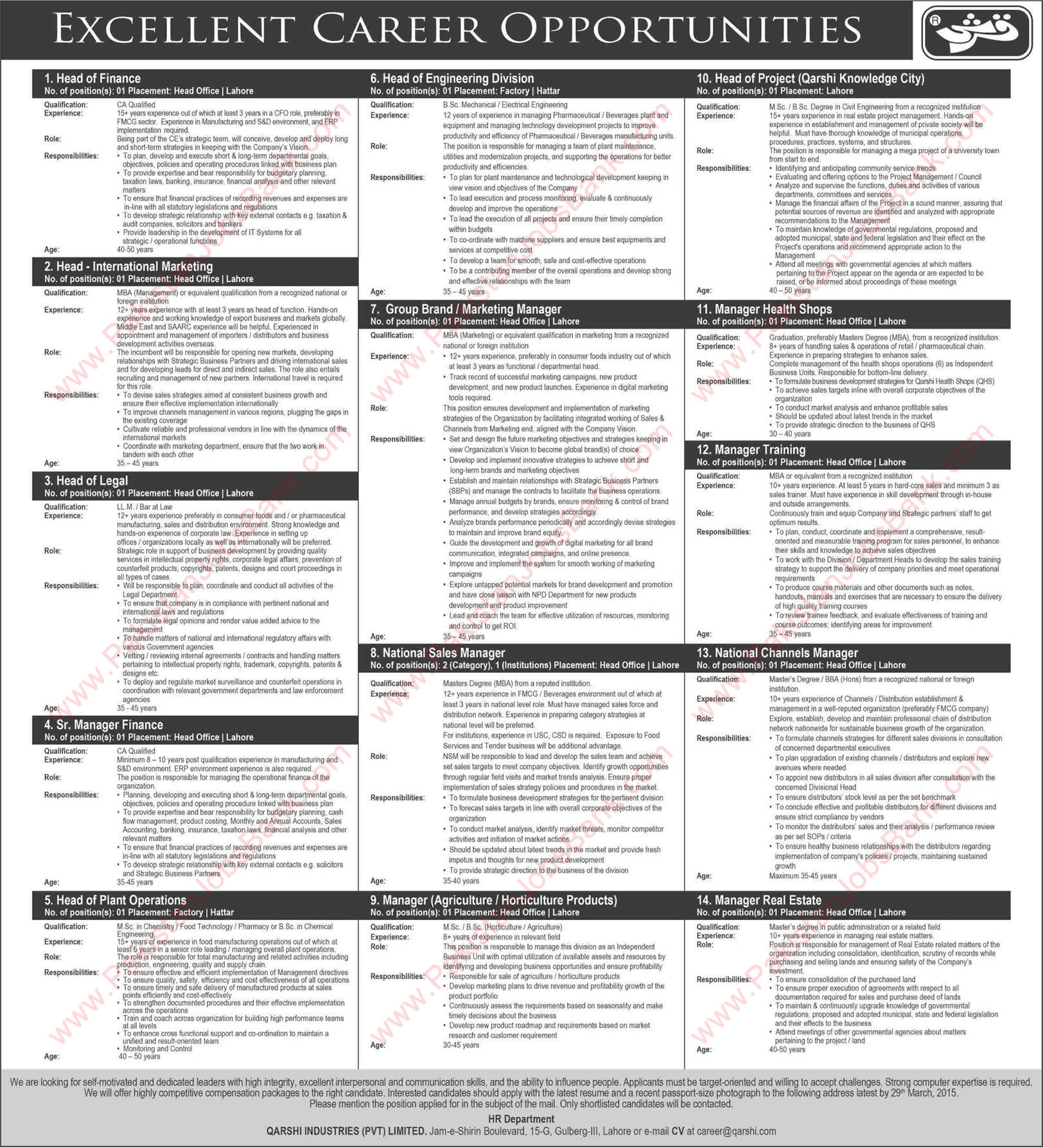 Qarshi Industries Lahore / Hattar Jobs 2015 March for Senior Management Latest Advertisement