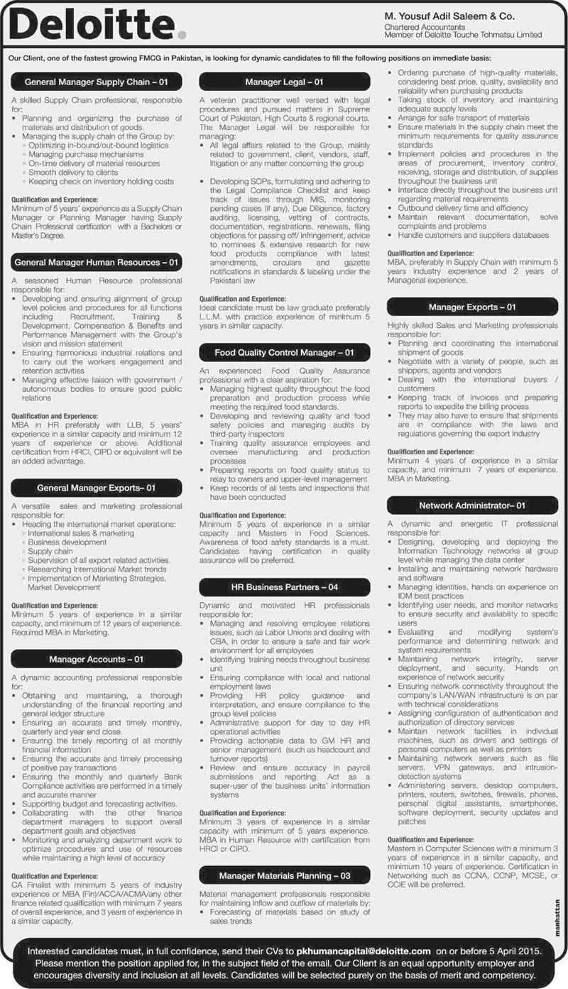 Deloitte Pakistan Jobs 2015 March / April for FMCG Company Latest Advertisement