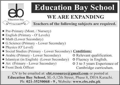 Education Bay School Karachi Jobs 2015 March / April Teaching Faculty & Front Desk Officer