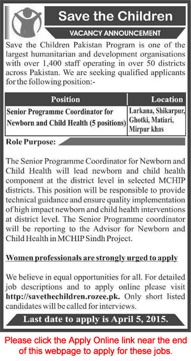 Save the Children Pakistan Jobs 2015 March / April Apply Online Child Health Programme Coordinators