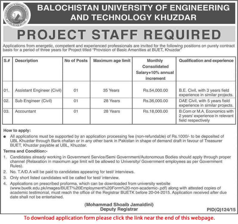 Balochistan University of Engineering and Technology Khuzdar Jobs 2015 April Application Form Latest