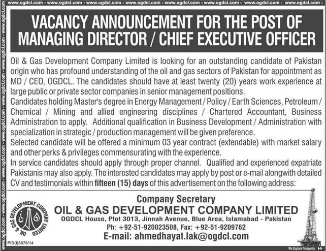 Managing Director / CEO OGDCL Jobs 2015 April Pakistan Oil & Gas Development Company Limited