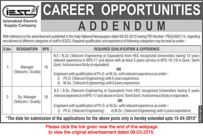 Addendum: IESCO Jobs 2015 March / April WAPDA Eligibility Criteria Deputy / Manager Telecom / SCADA