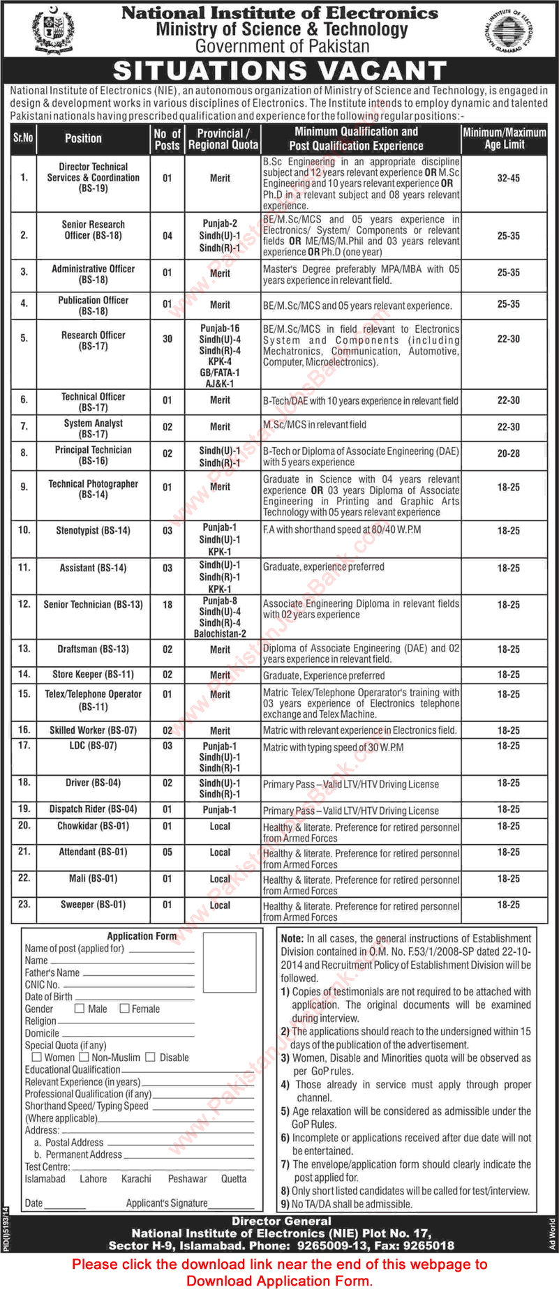 National Institute of Electronics Islamabad Jobs 2015 April Application Form Research Officers, Technicians & Others