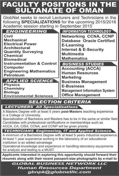 Globnet Oman Jobs 2015 April Pakistani Teaching Faculty Engineering, IT, Applied Sciences & Business Studies