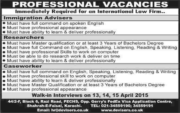 Devisers Karachi Jobs 2015 April Immigration Advisers, Researchers & Caseworker