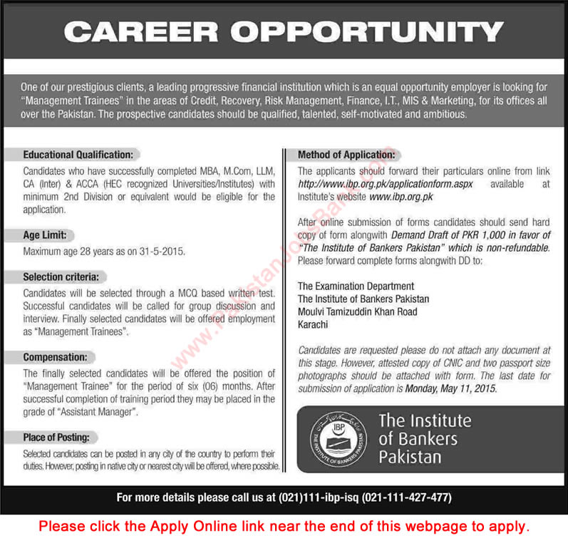 Institute of Bankers Pakistan Jobs 2015 April Apply Online Management Trainees Latest
