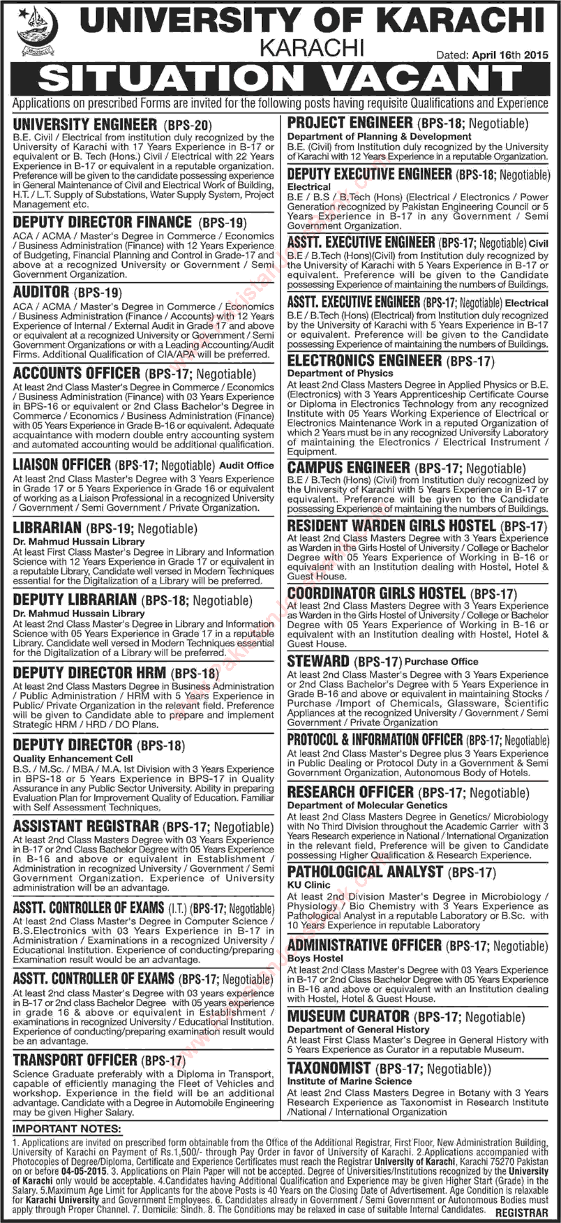 University of Karachi Jobs 2015 April Engineers & Admin Staff Latest Advertisement