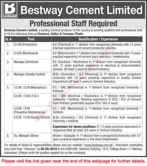 Bestway Cement Jobs 2015 April Chemical / Electrical / Mechanical Engineers & Store Manager