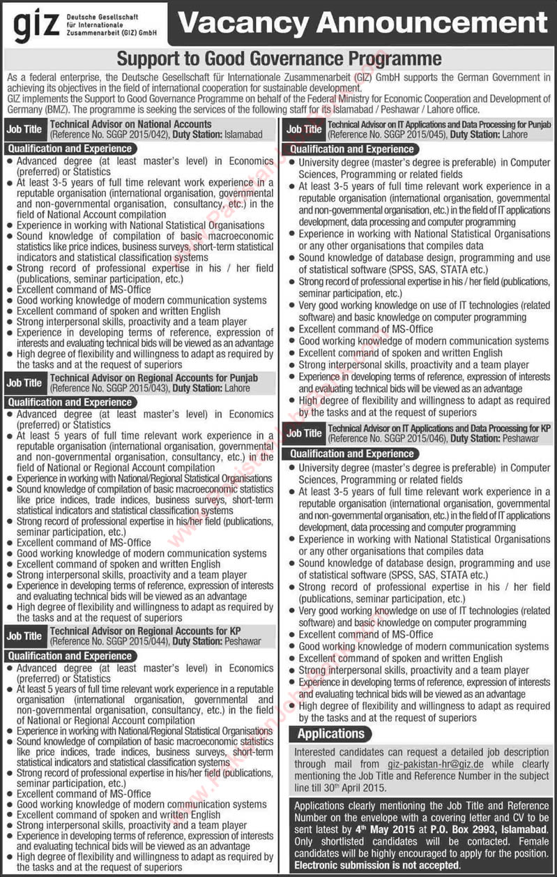 GIZ Pakistan Jobs April 2015 Technical Advisors on Accounts and IT Applications & Data Processing