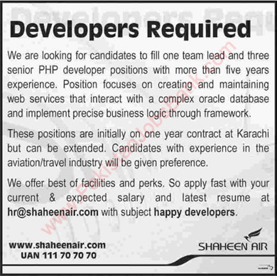 Web / PHP Developer Jobs in Shaheen Airline Karachi 2015 April Software Engineers
