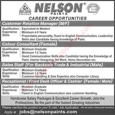 Nelson Paints Pakistan Jobs 2015 April Sales Staff, Receptionist, Colour Consultant & Customer Relation Manager