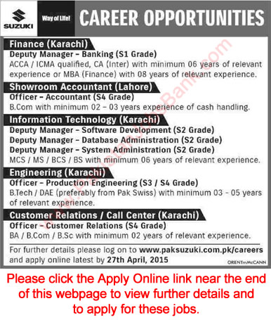 Suzuki Pakistan Jobs 2015 April Apply Online IT / Accounts / Engineering & Call Center Staff Latest