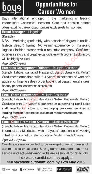 Bays International Jobs 2015 April Female Store Supervisor, Business Development Officers & Sales Staff