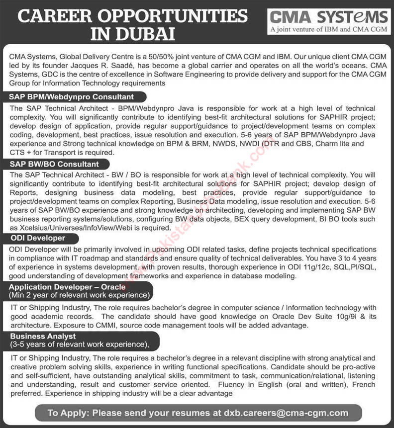 CMA Systems Dubai Jobs 2015 April Pakistani SAP Consultants, ODI / Application Developers & Business Analyst
