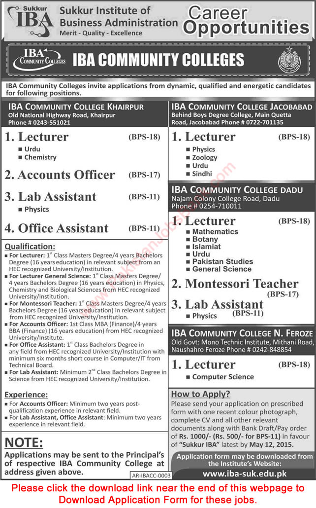 IBA Community College Jobs 2015 April Application Form Download Teaching & Admin Staff