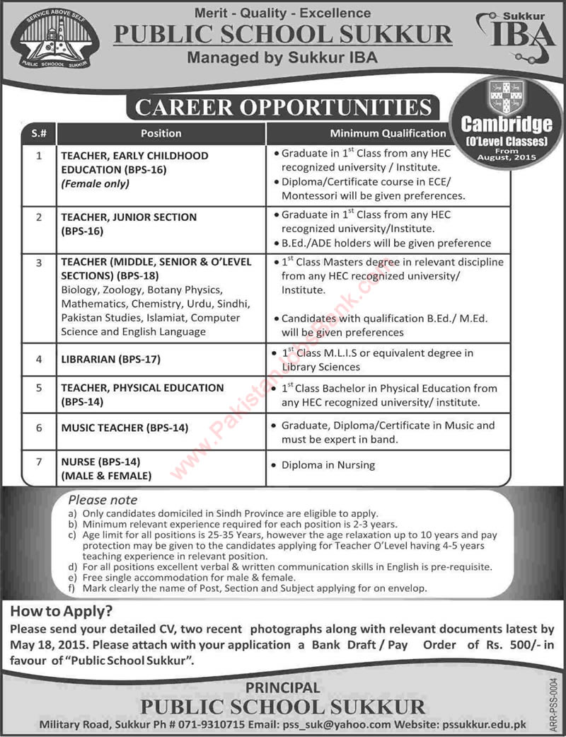 IBA Public School Sukkur Jobs 2015 April Teaching Faculty, Nurse & Librarian Latest