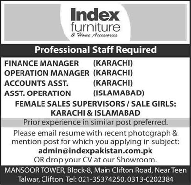 Index Furniture Karachi / Islamabad Jobs 2015 April Accounting / Operations & Sales Staff Latest