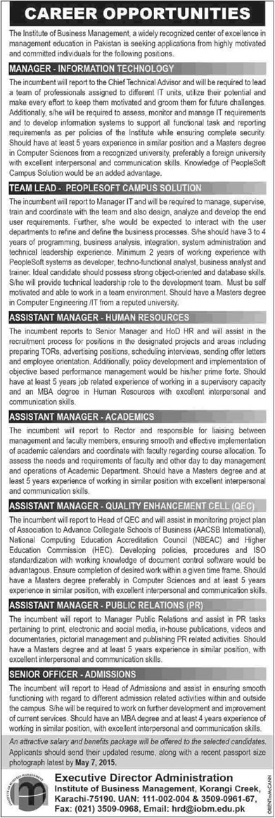 Institute of Business Management Karachi Jobs 2015 April Administrative Staff Latest