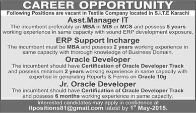 Oracle Developers, ERP Support Incharge & IT Manager Jobs in Karachi 2015 April in Textile Company