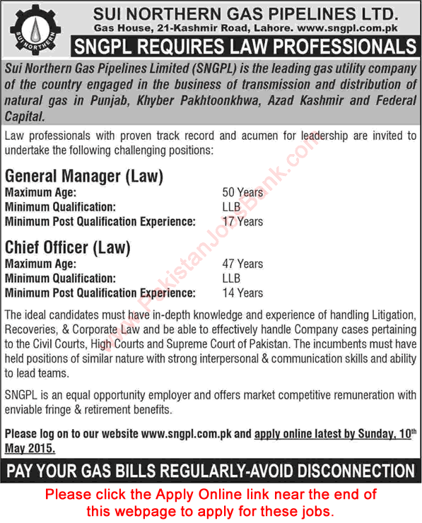 Law Manager / Officer Jobs in Sui Northern Gas Pipelines Ltd 2015 April SNGPL Apply Online