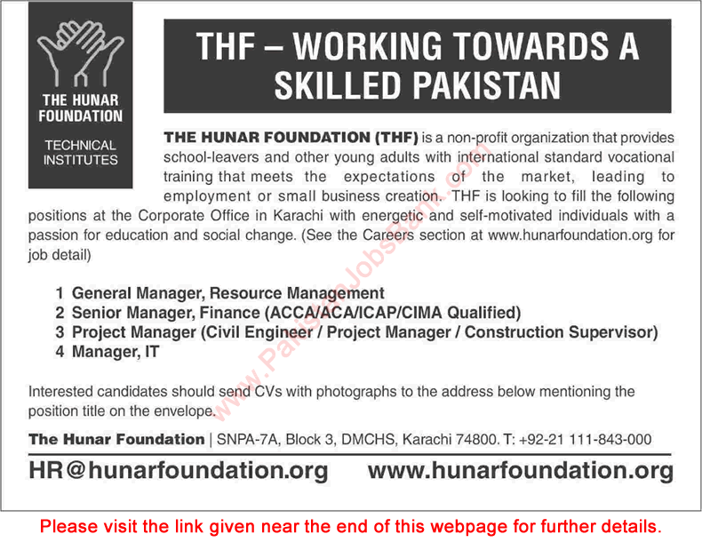 The Hunar Foundation (THF) Karachi Jobs 2015 May GM & Finance / Project / IT Managers