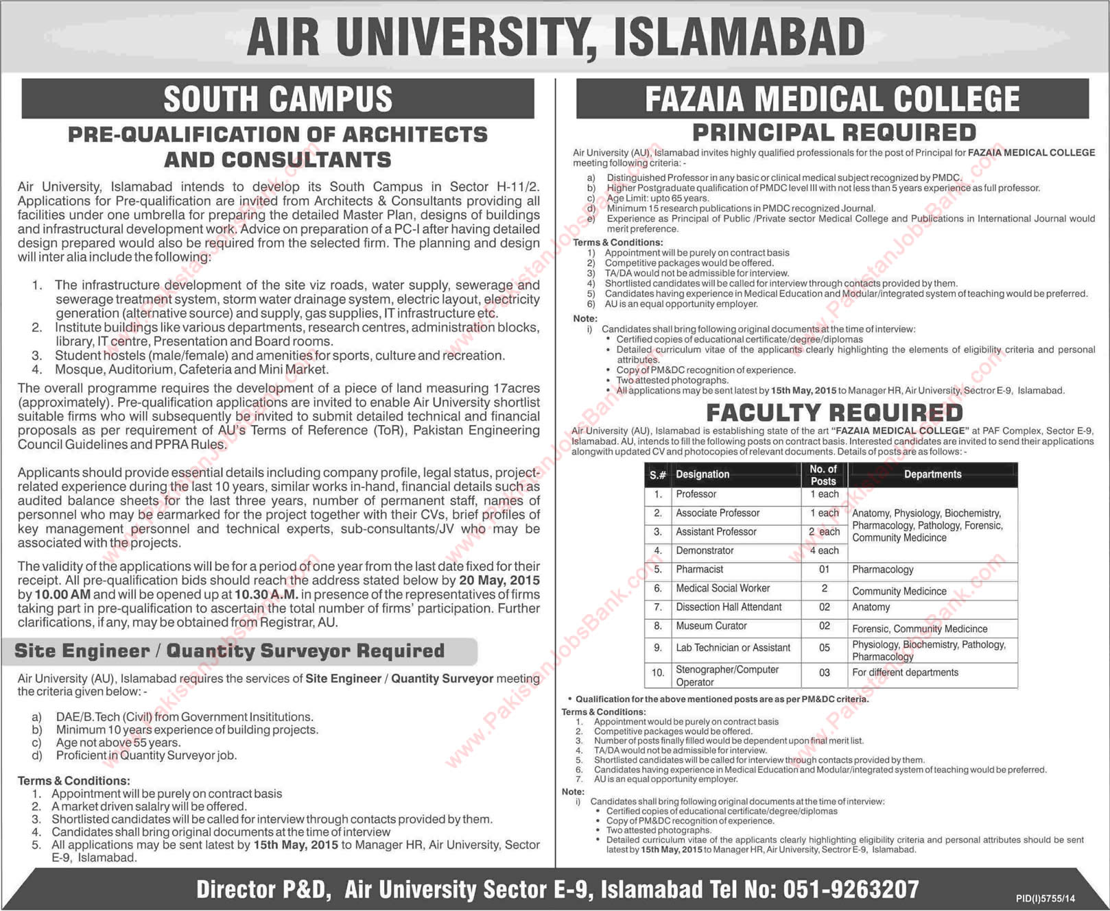 Air University Islamabad Jobs 2015 May Civil Engineer, Teaching Faculty & Admin Staff at Fazaia Medical College
