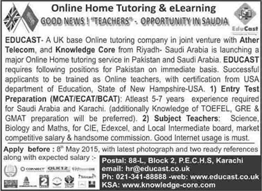 Online Teaching Jobs in Pakistan 2015 May for Online Tutors / Subject Teachers at EDUCAST Latest