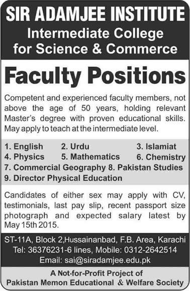 Sir Adamjee Institute Karachi Jobs 2015 May Teaching Faculty for Intermediate College Latest