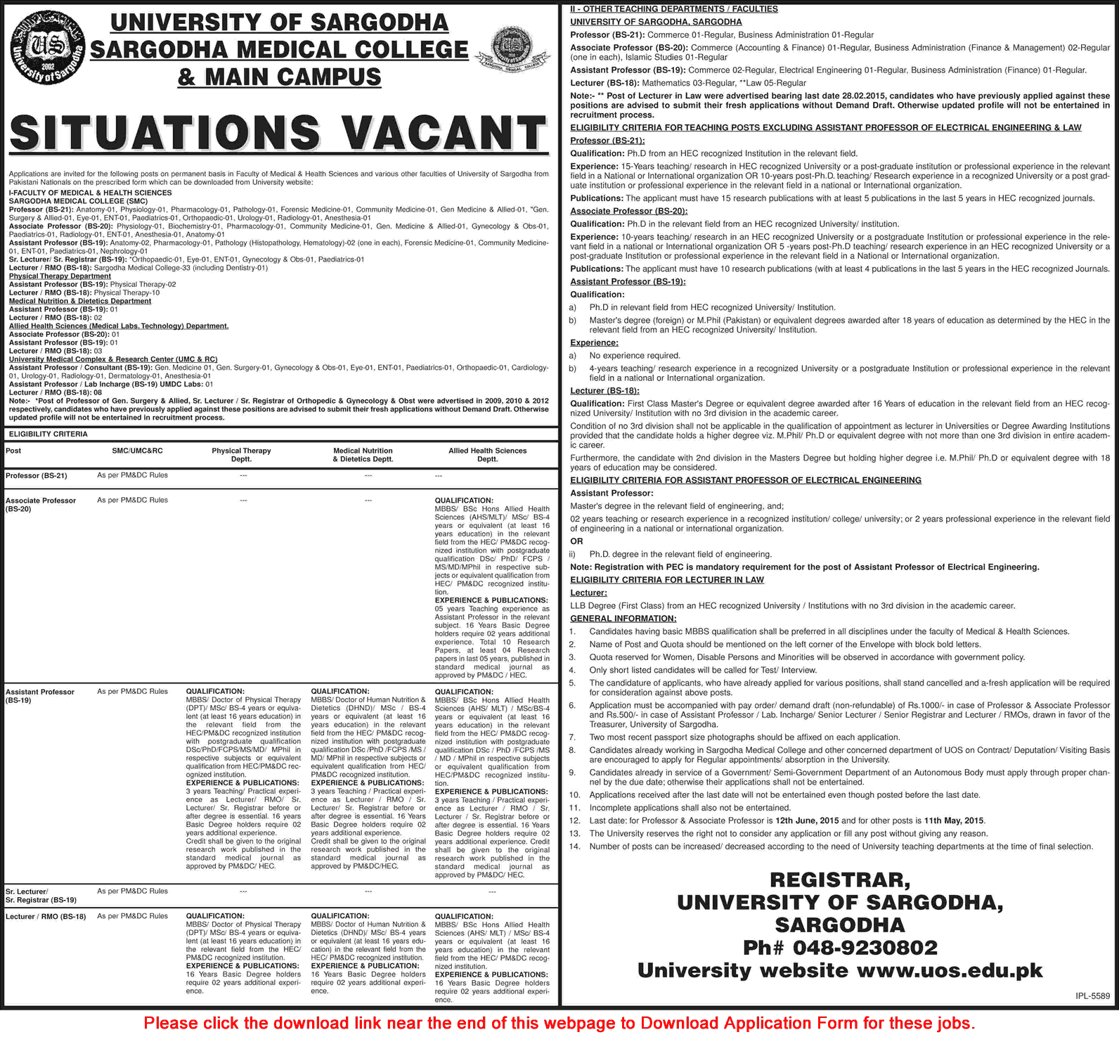 University of Sargodha Jobs 2015 May Medical College Application Form Download Teaching Faculty