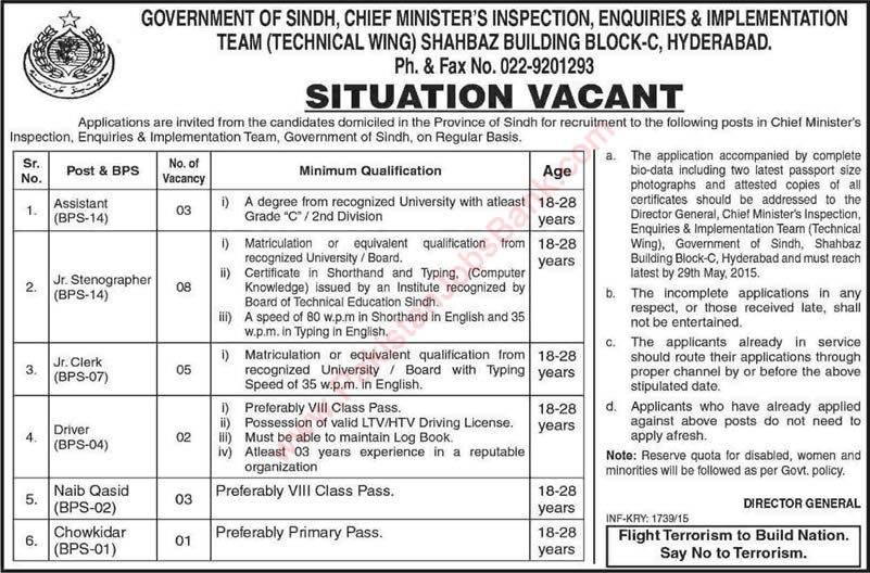 Chief Minister Inspection Team Sindh Jobs 2015 May Stenographer, Clerks, Assistants & Others