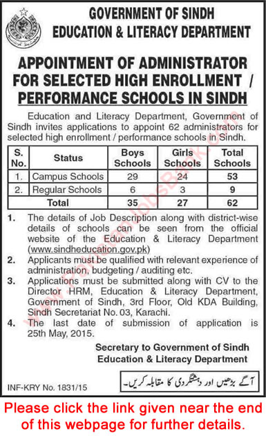 Education and Literacy Department Sindh Jobs 2015 May Administrators in Boys / Girls Schools