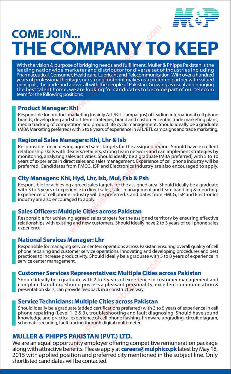 Muller & Phipps Jobs 2015 May M&P Pakistan Sales Officers, Customer Service Representatives & Others